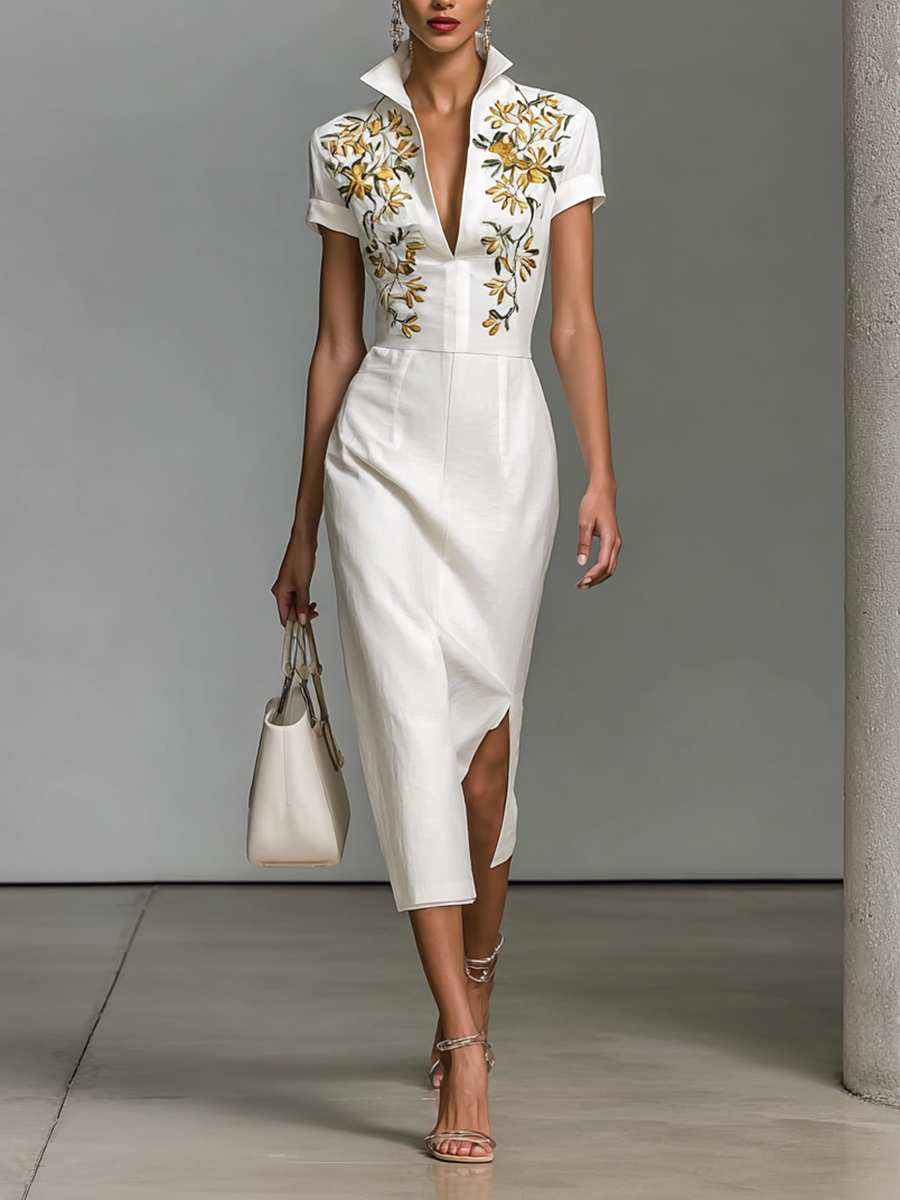 Sukienka Midi Damska Haftowana z Dekoltem w Serek i Krótkimi Rękawami