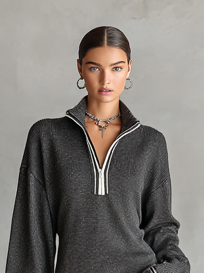 Sukienka Mini z Luźnej Dzianiny z Kołnierzykiem Polo i Zamkiem