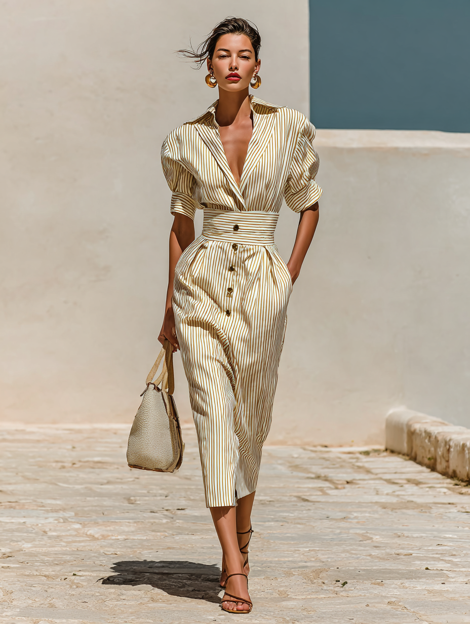 Sukienka Midi w Paski z Kołnierzykiem i Krótkimi Rękawami