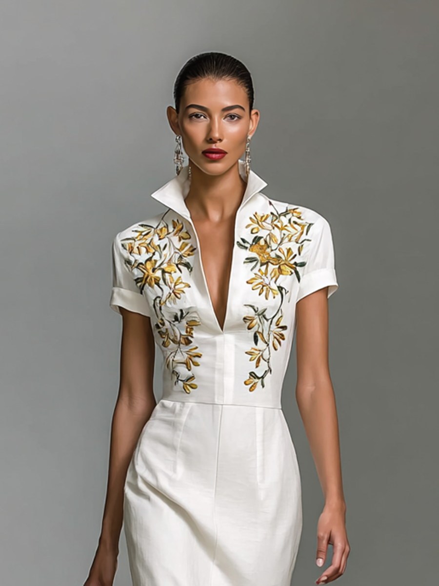 Sukienka Midi Damska Haftowana z Dekoltem w Serek i Krótkimi Rękawami