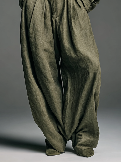 Zestaw Dwu Częściowy Damski z Bawełny i Lnu z Koszulą z Długim Rękawem i Spodniami o Szerokiej Nogawce