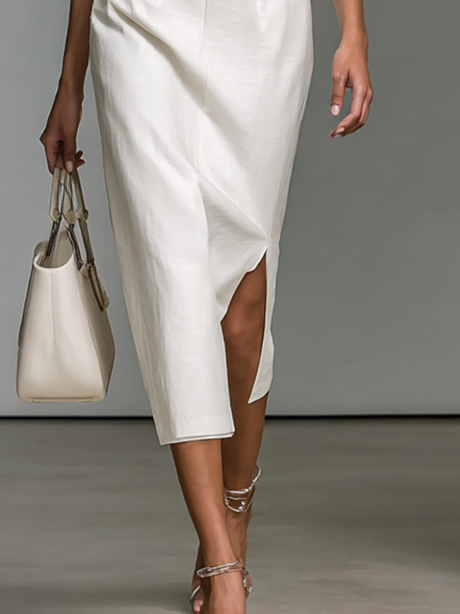 Sukienka Midi Damska Haftowana z Dekoltem w Serek i Krótkimi Rękawami