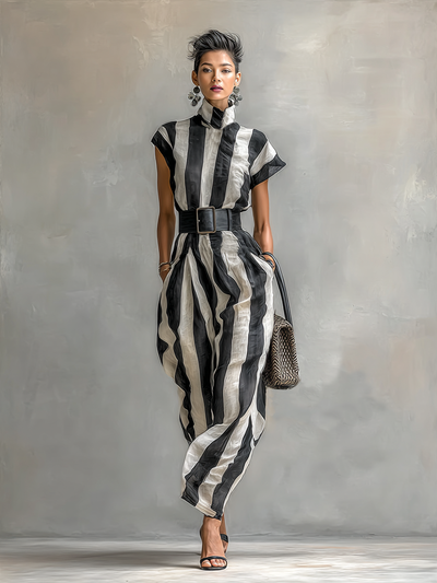 Sukienka Maxi z Chiffonu z Wysokim Kołnierzem i Krótkimi Rękawami