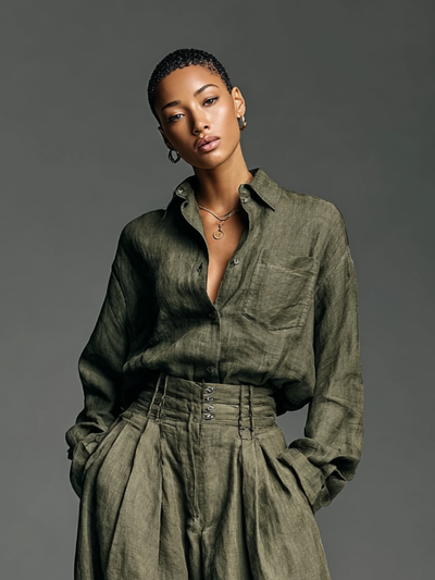 Zestaw Dwu Częściowy Damski z Bawełny i Lnu z Koszulą z Długim Rękawem i Spodniami o Szerokiej Nogawce